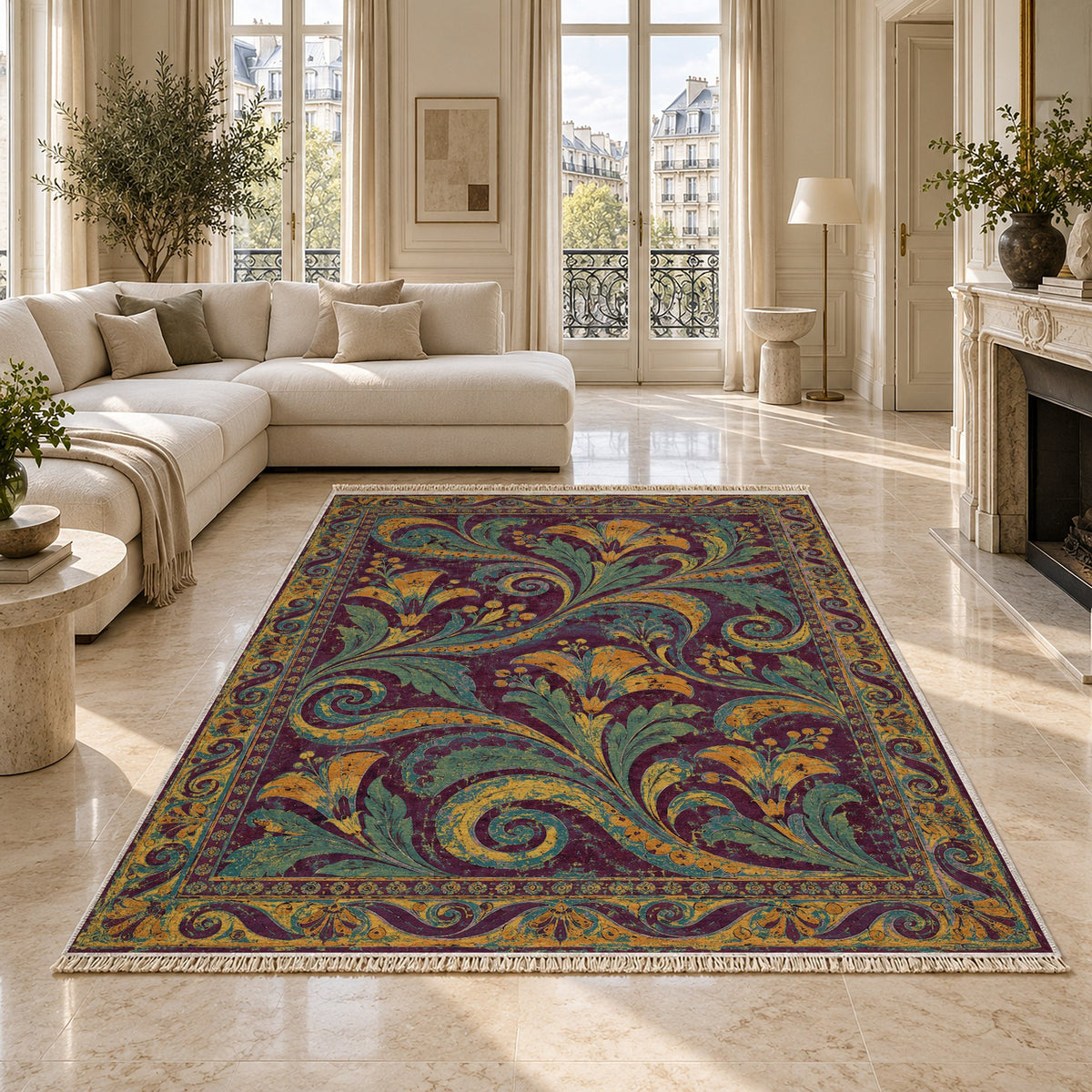 Fresco Fragments Burgundy & Teal washable rug on a marble floor