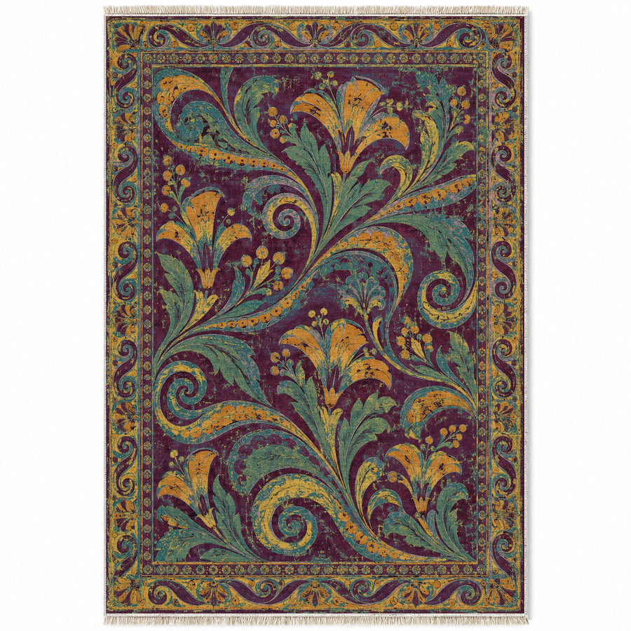 Fresco Fragments Burgundy & Teal Mediterranean Washable Rug