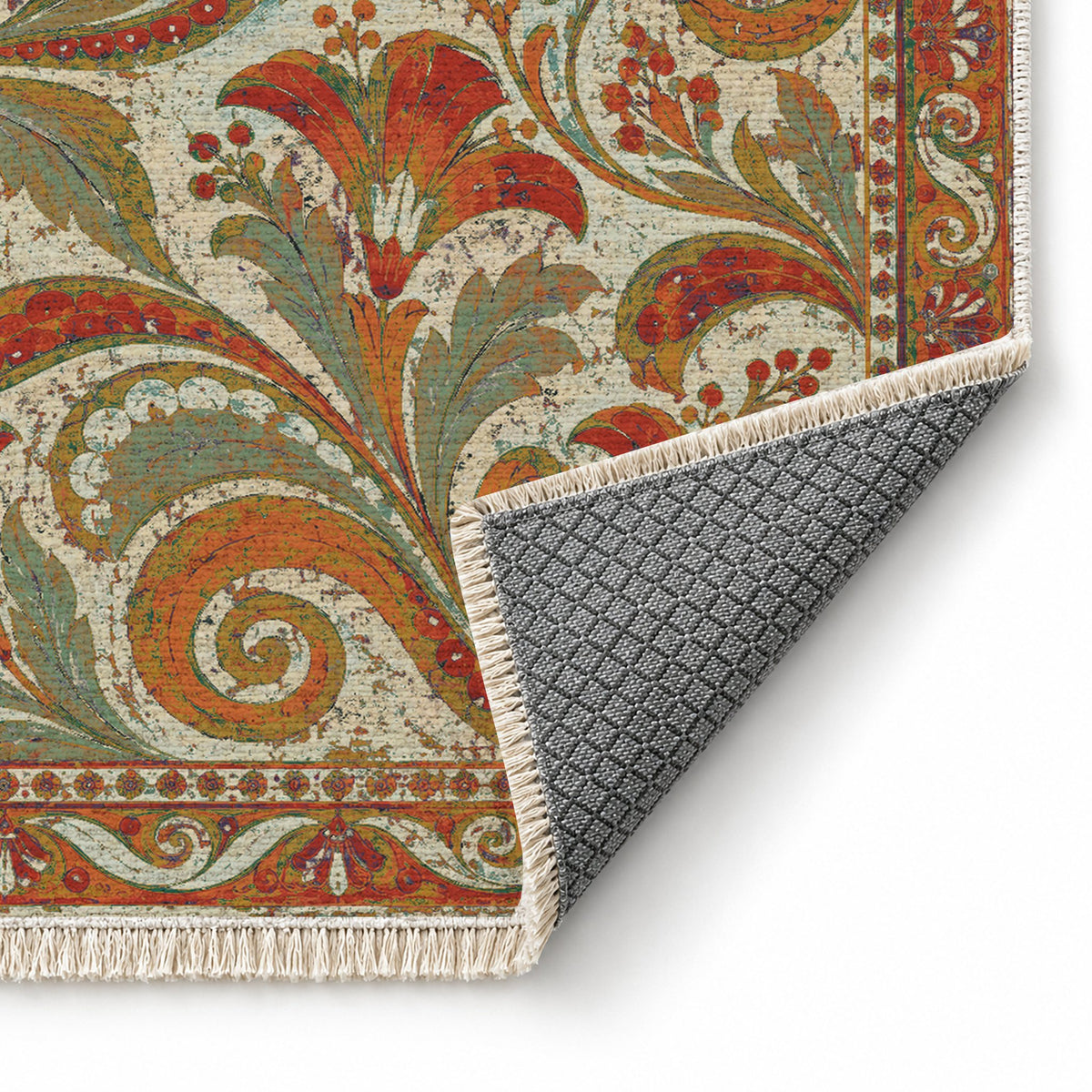 Fresco Fragments Emerald & Terracotta washable rug folded corner showing the backing
