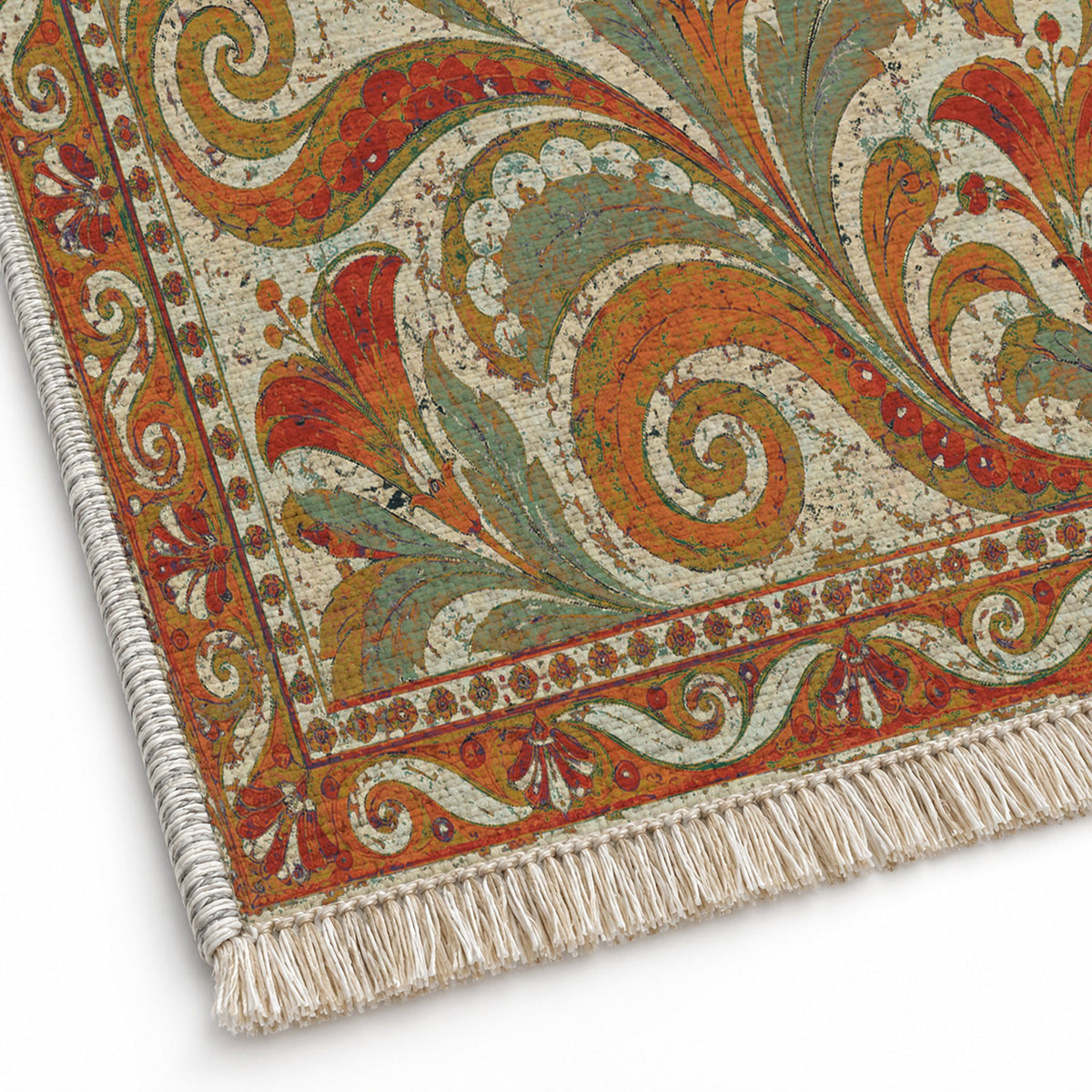 Fresco Fragments Emerald & Terracotta washable rug close-up of the printed chenille