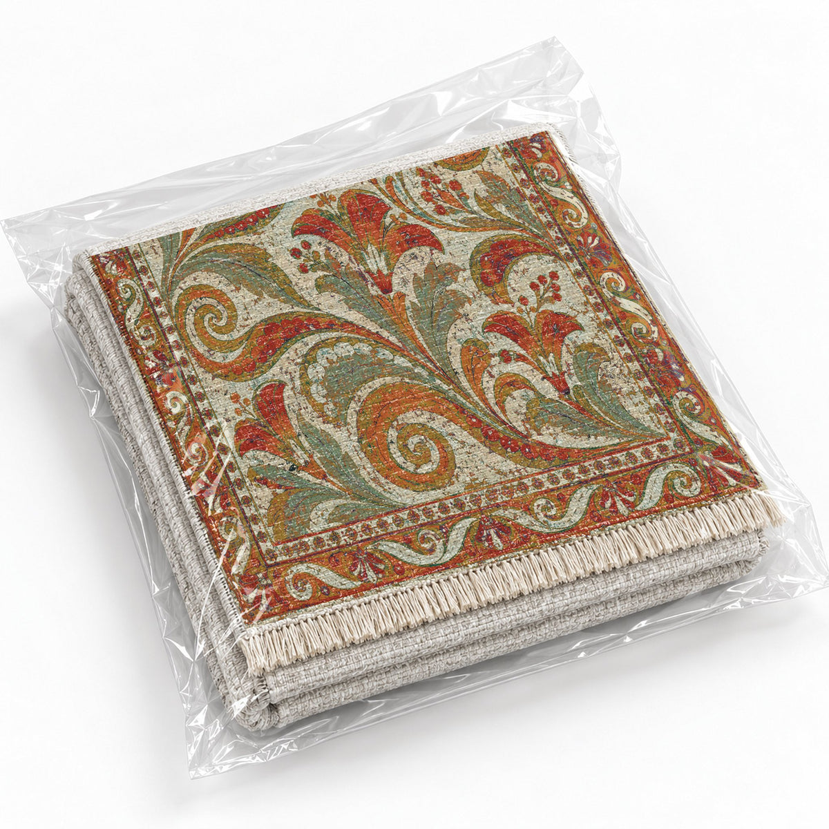Fresco Fragments Emerald & Terracotta washable rug rolled and packaged