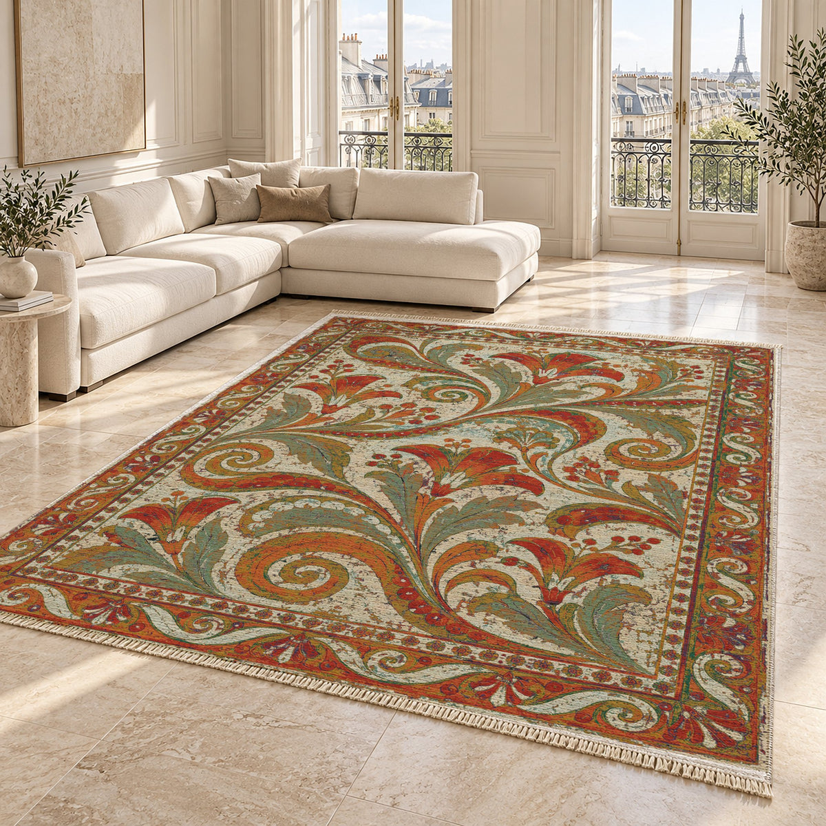 Fresco Fragments Emerald & Terracotta washable rug angled room view on marble