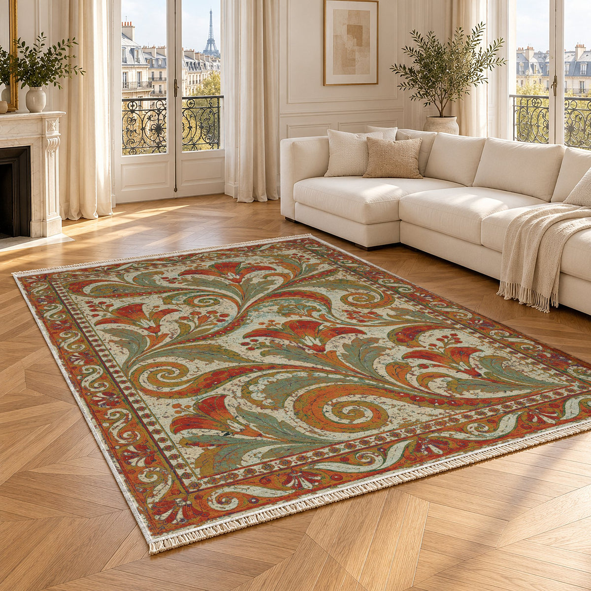 Fresco Fragments Emerald & Terracotta washable rug angled room view