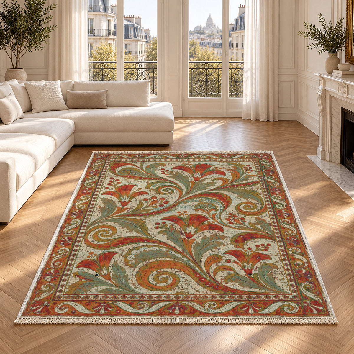 Fresco Fragments Emerald & Terracotta washable rug in a Paris living room