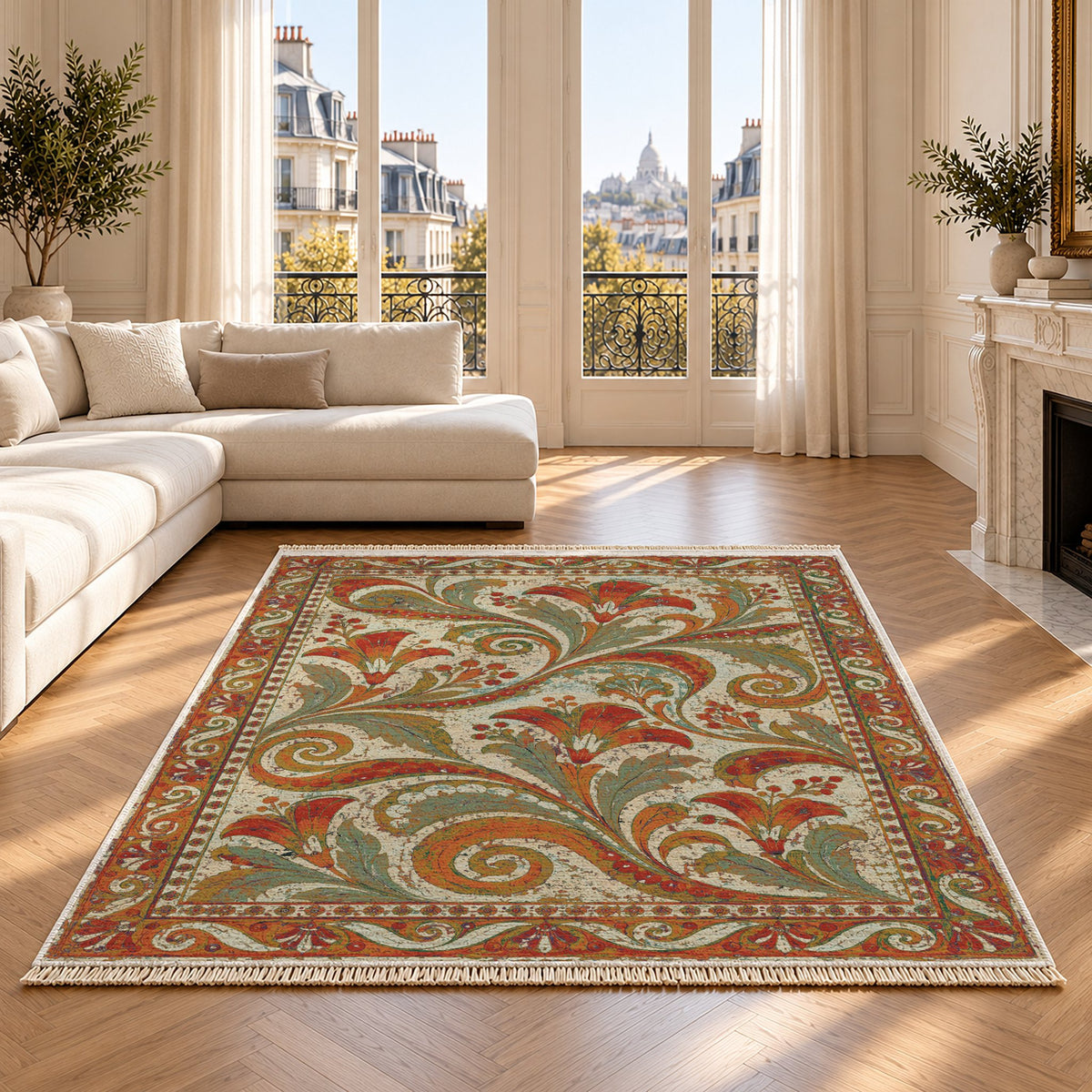 Fresco Fragments Emerald & Terracotta washable rug on an oak floor