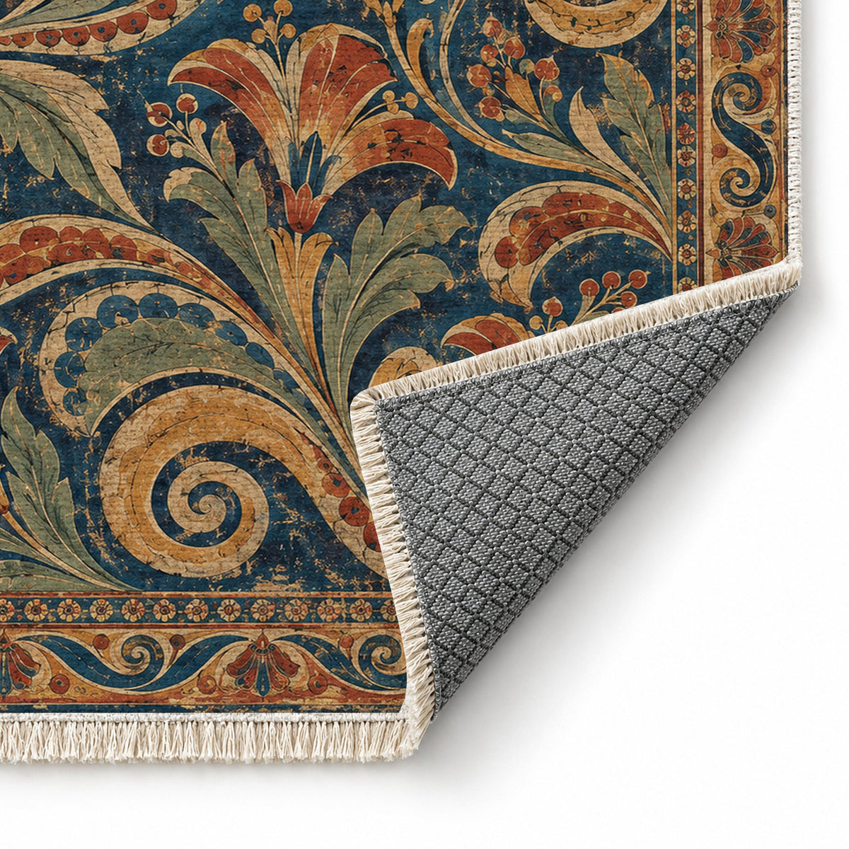 Fresco Fragments Indigo & Rust washable rug folded corner showing the backing