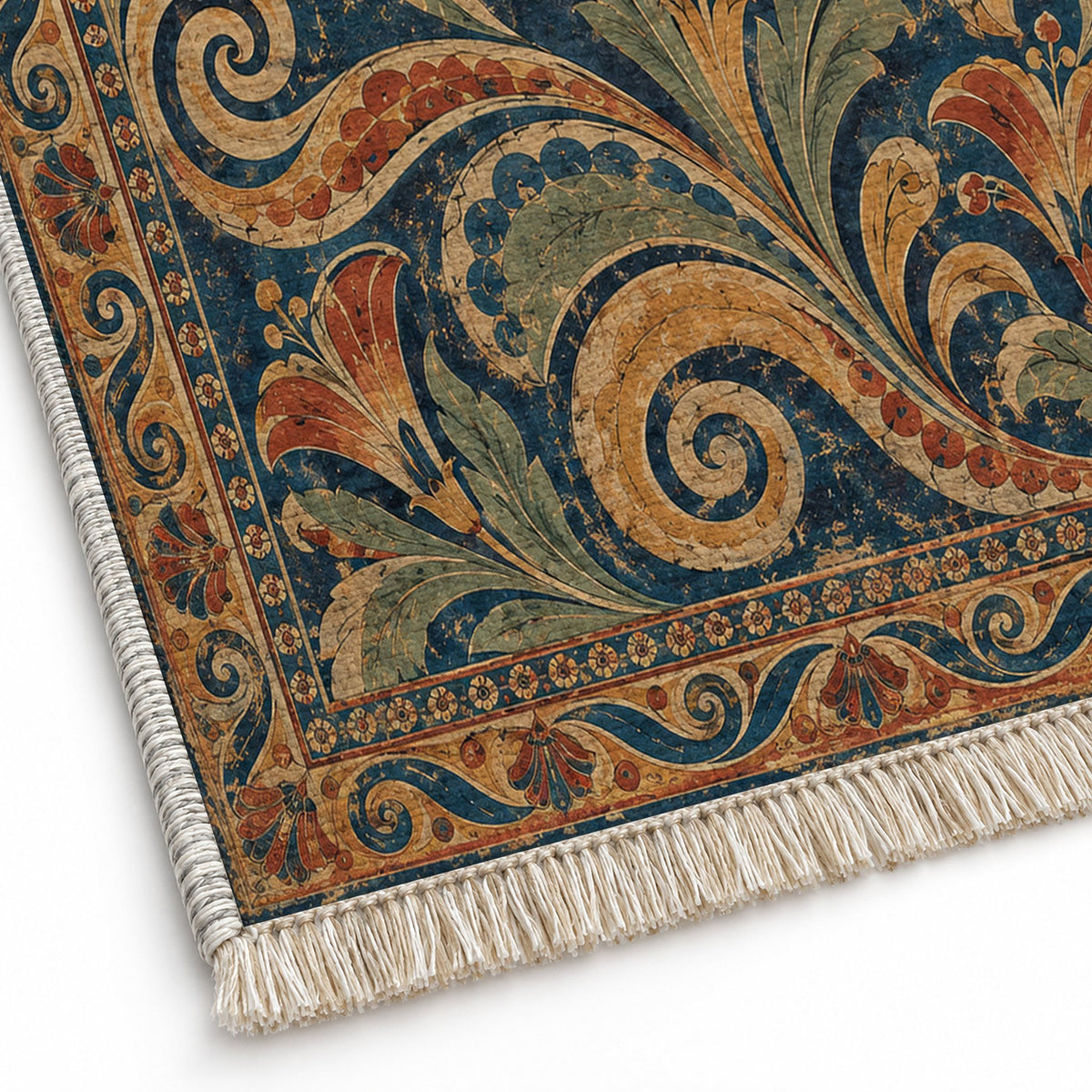 Fresco Fragments Indigo & Rust washable rug close-up of the printed chenille