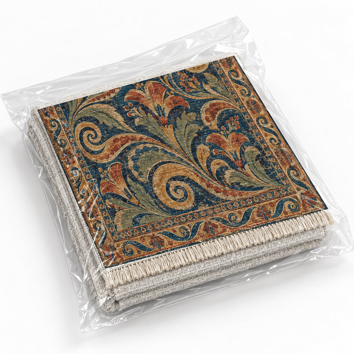 Fresco Fragments Indigo & Rust washable rug rolled and packaged