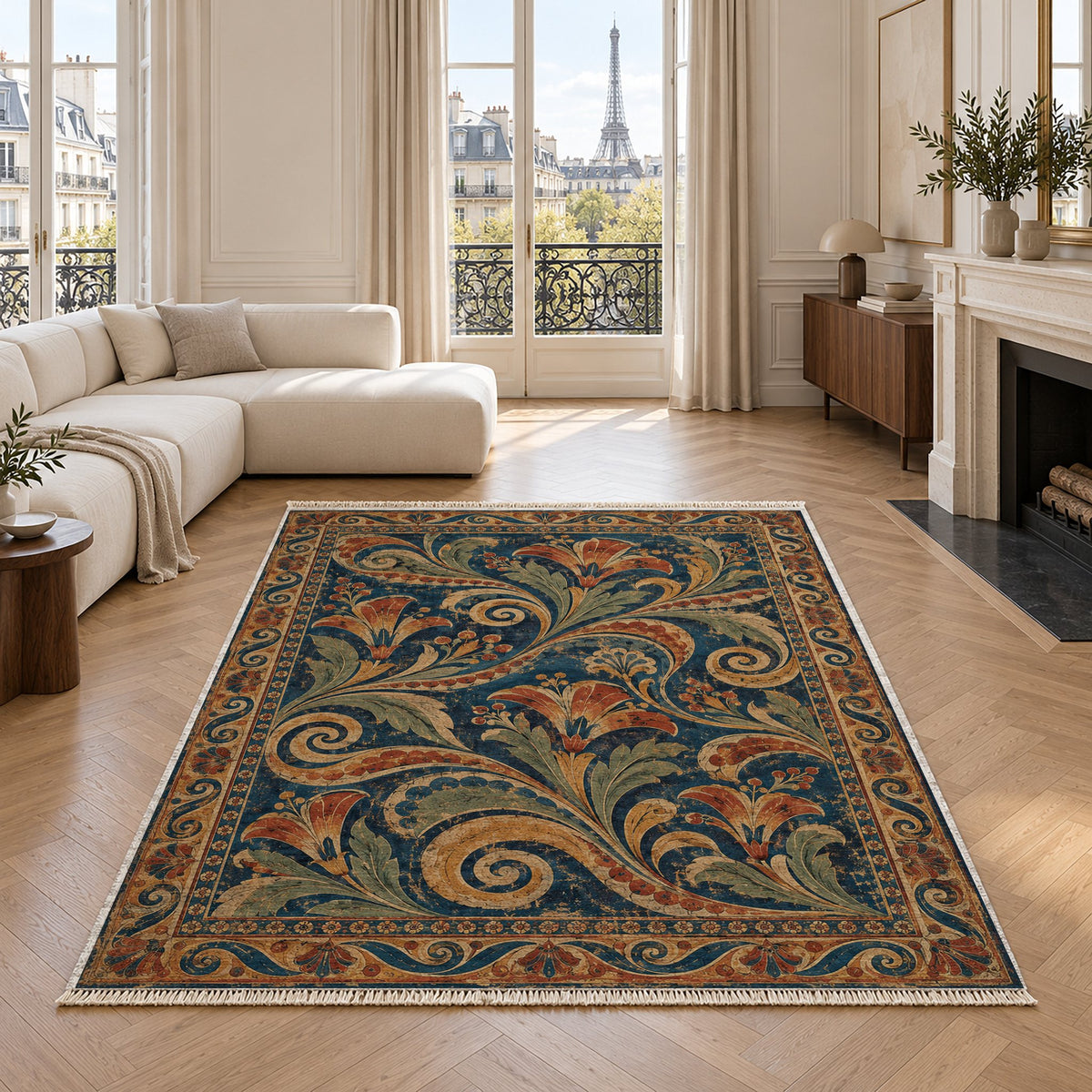 Fresco Fragments Indigo & Rust washable rug in a living room with an Eiffel Tower view