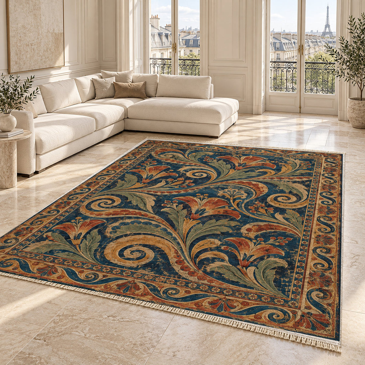 Fresco Fragments Indigo & Rust washable rug angled room view on marble