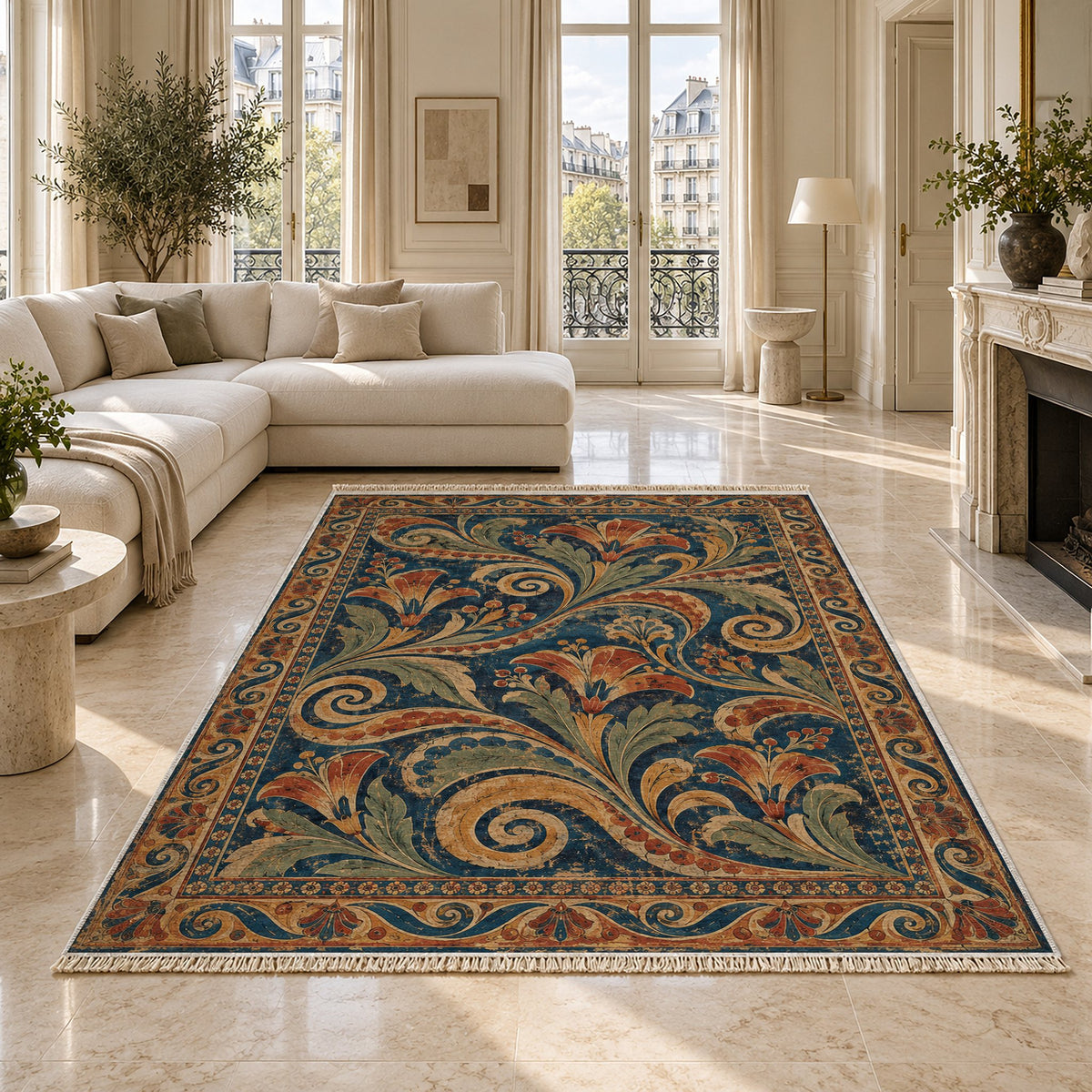 Fresco Fragments Indigo & Rust washable rug on a marble floor
