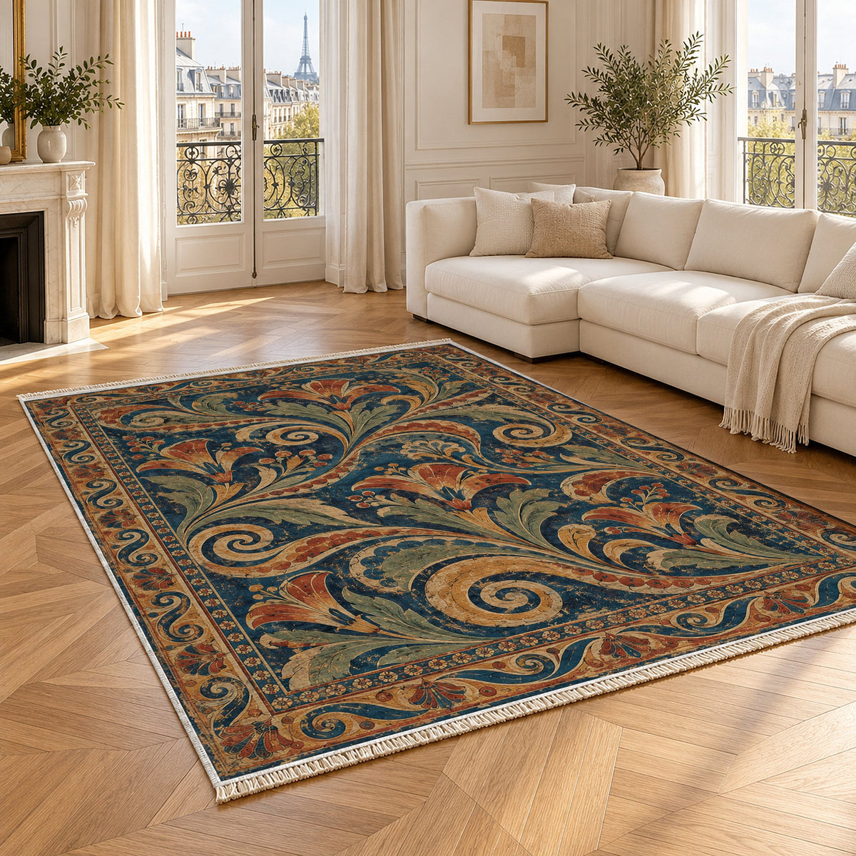 Fresco Fragments Indigo & Rust washable rug angled room view