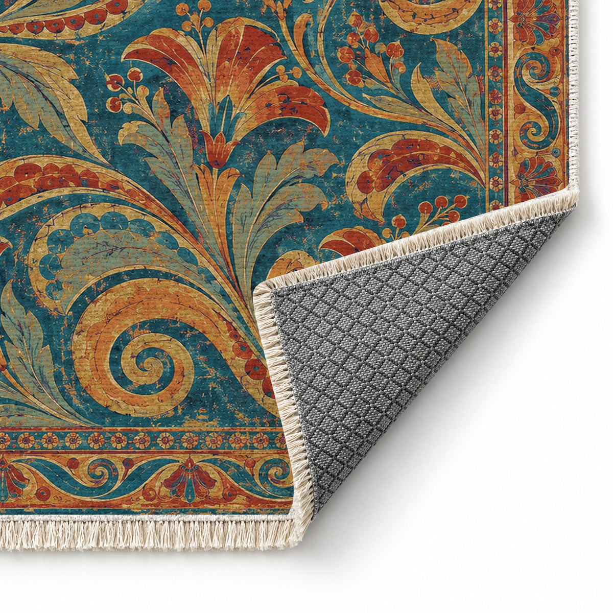 Fresco Fragments Peacock & Ochre washable rug folded corner showing the backing