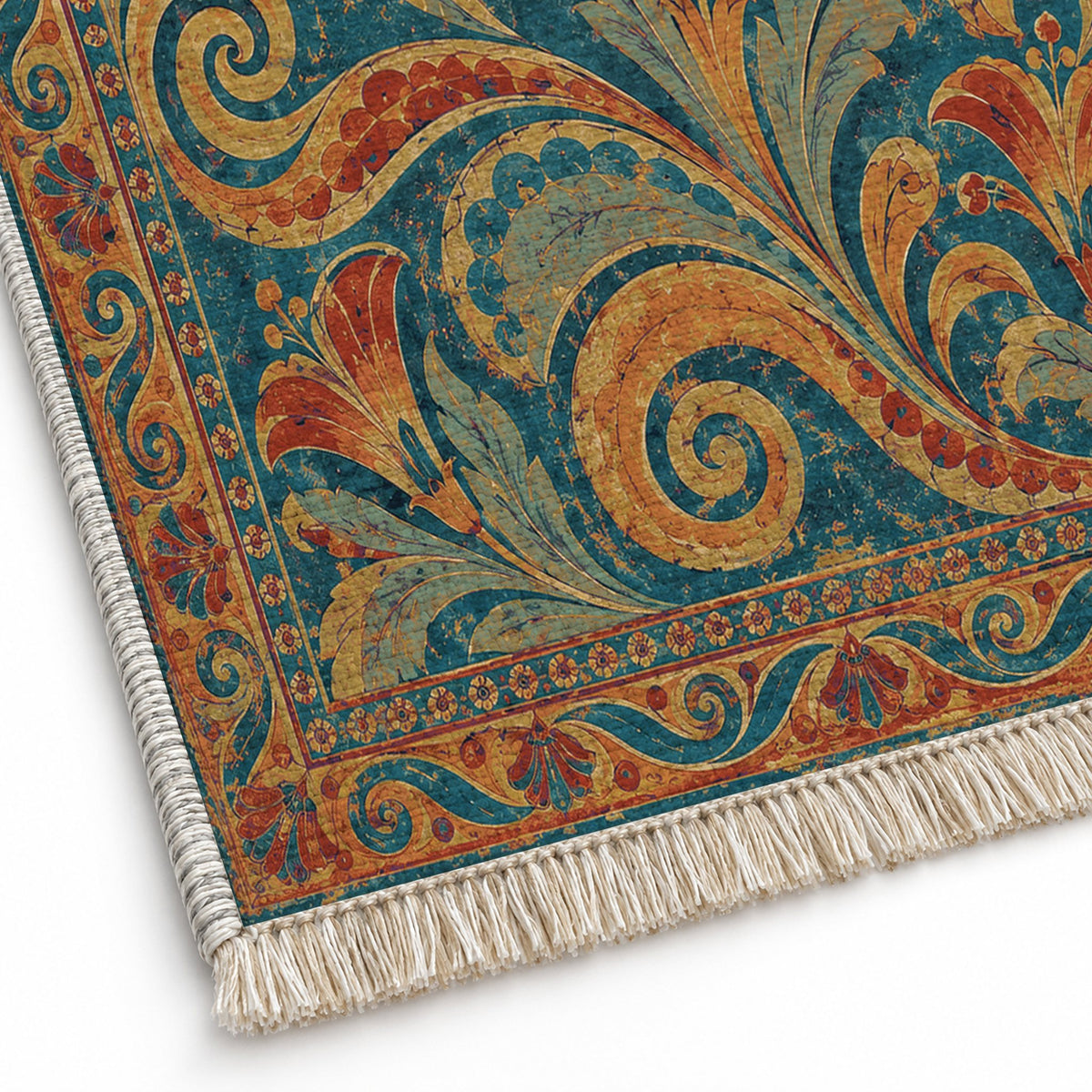 Fresco Fragments Peacock & Ochre washable rug close-up of the printed chenille