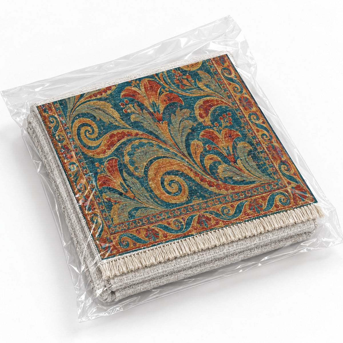Fresco Fragments Peacock & Ochre washable rug rolled and packaged