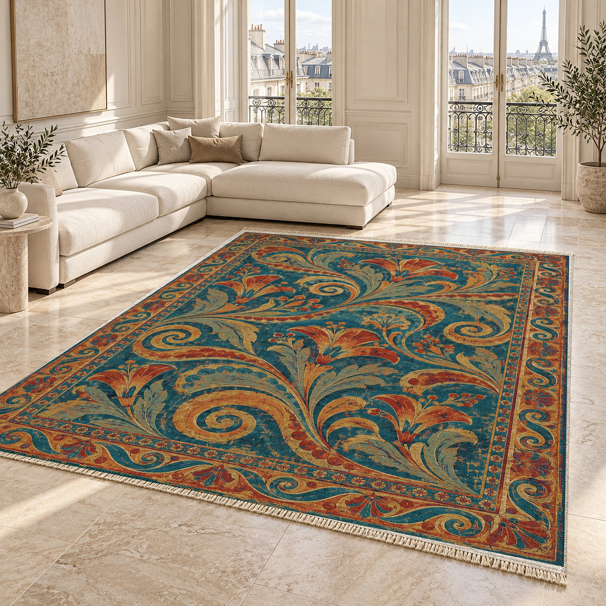 Fresco Fragments Peacock & Ochre washable rug angled room view on marble