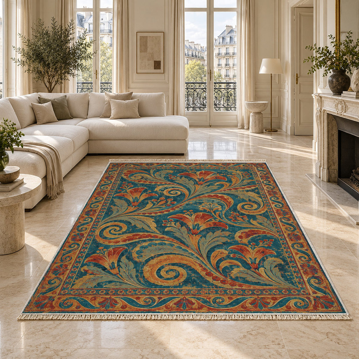 Fresco Fragments Peacock & Ochre washable rug on a marble floor