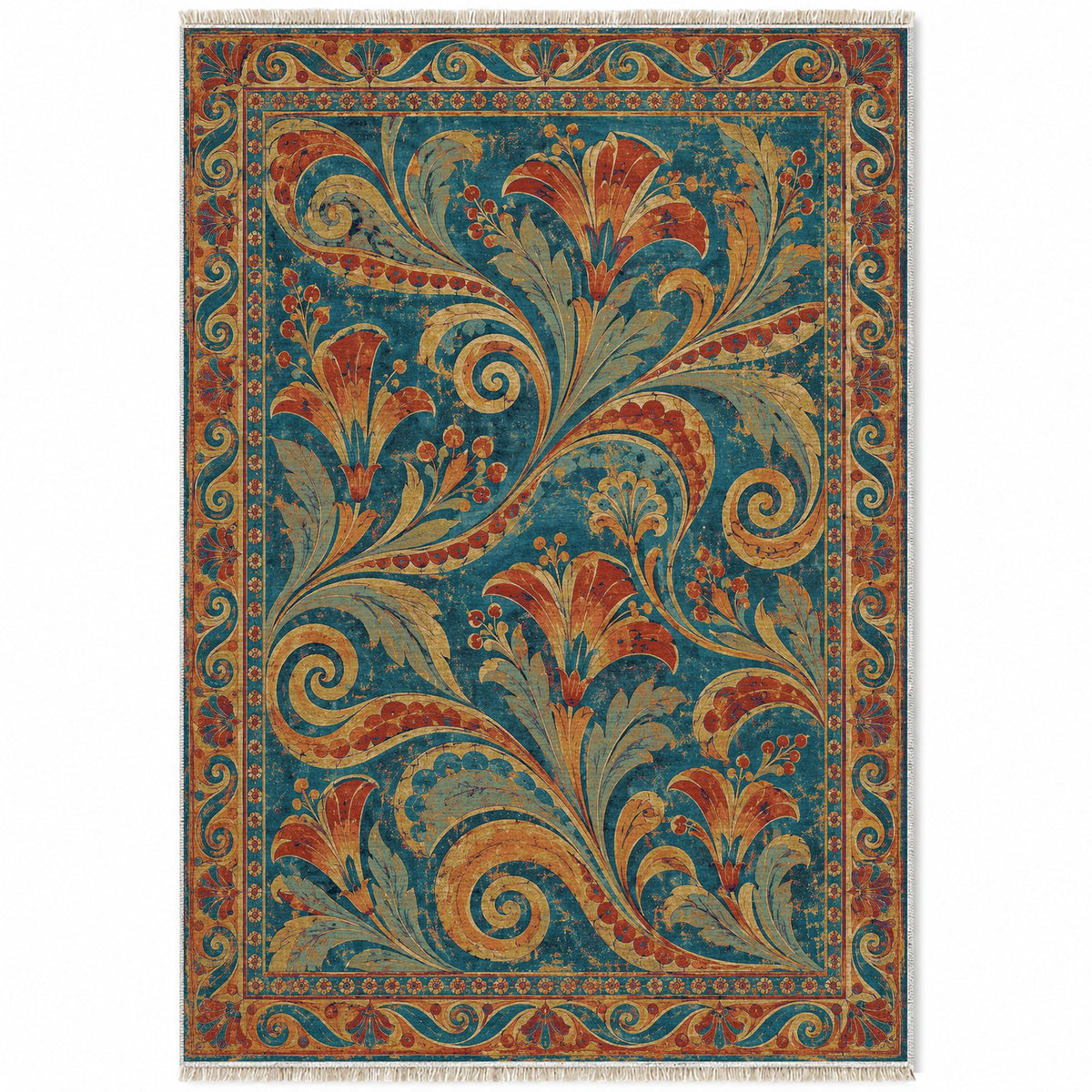 Fresco Fragments Peacock & Ochre washable rug top view
