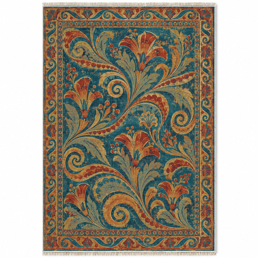 Fresco Fragments Peacock & Ochre Mediterranean Washable Rug