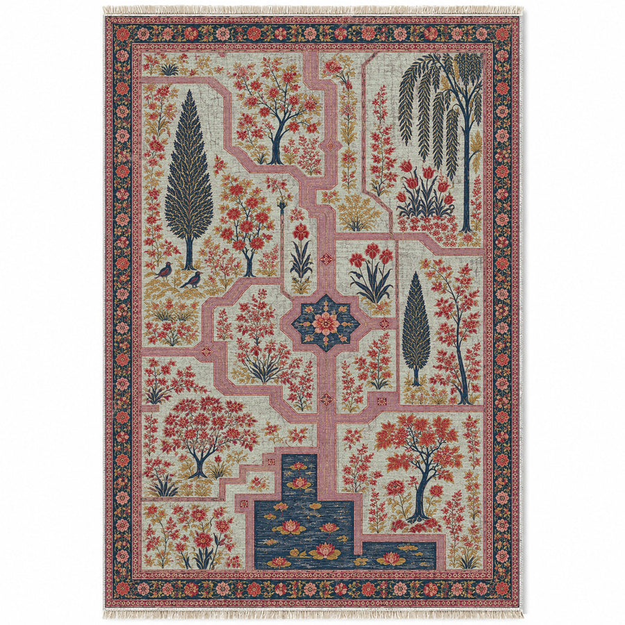Garden Canal Labyrinth Glacier, Ink & Vermilion Distressed Washable Rug