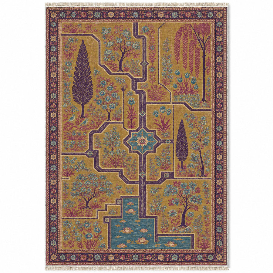 Garden Canal Labyrinth Golden, Plum & Azure Distressed Washable Rug