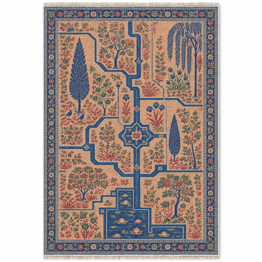 Garden Canal Labyrinth Peach, Cobalt & Jade Distressed Washable Rug