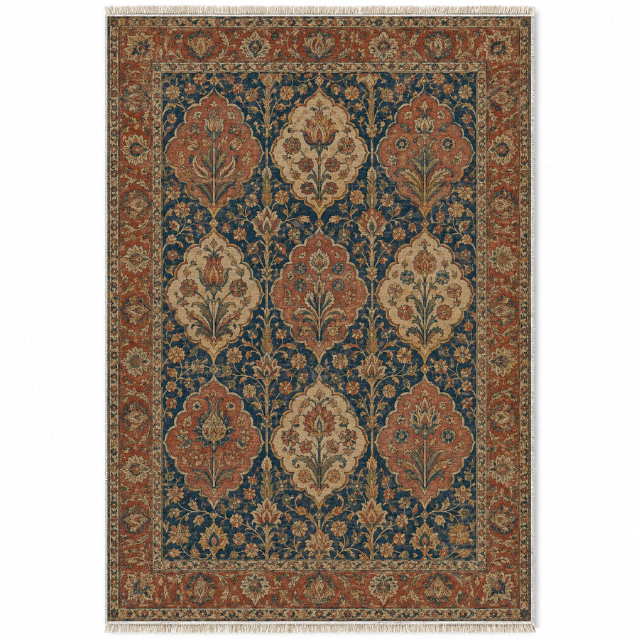 Garden Cartouches Indigo & Rust Persian Washable Rug