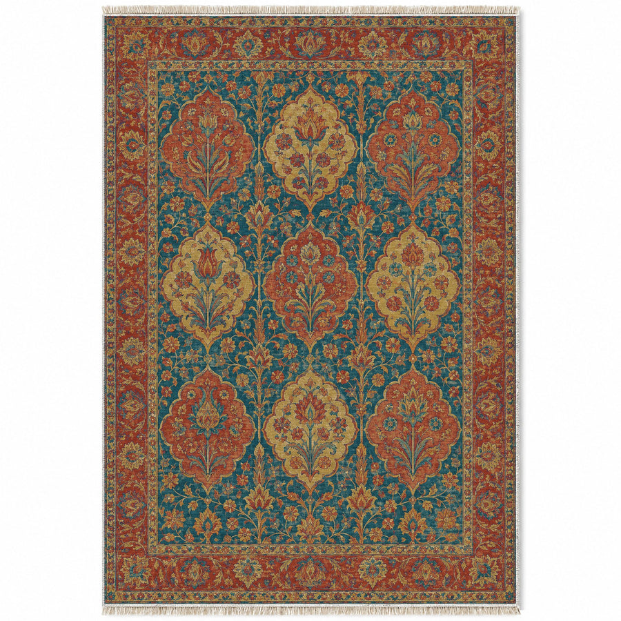 Garden Cartouches Peacock & Ochre Persian Washable Rug