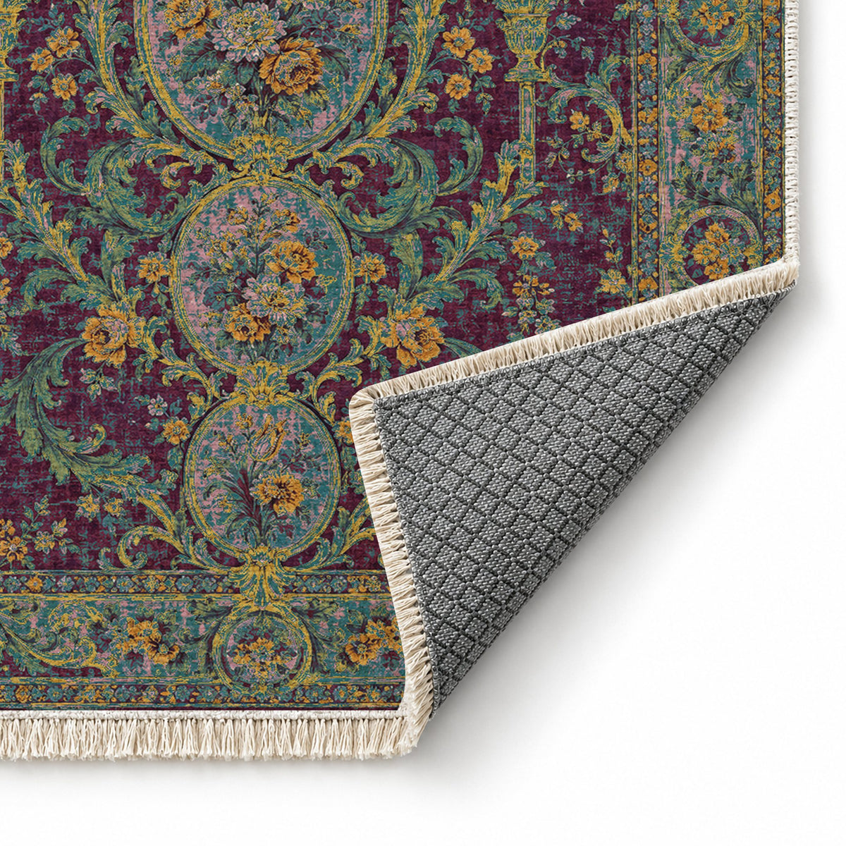 Garden Cascade Burgundy & Teal washable rug folded corner showing the backing