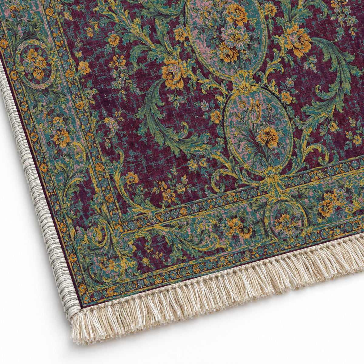Garden Cascade Burgundy & Teal washable rug close-up of the printed chenille