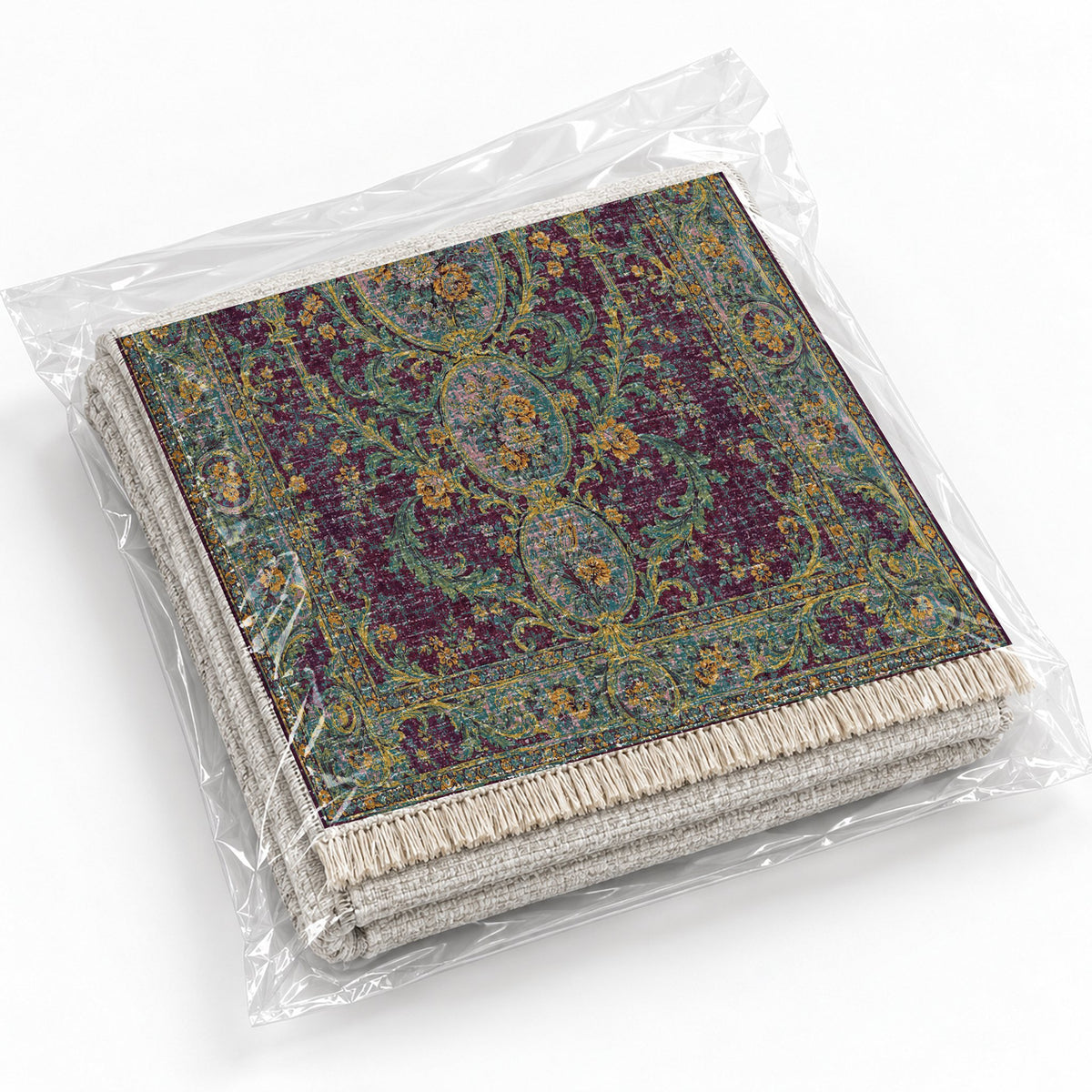 Garden Cascade Burgundy & Teal washable rug rolled and packaged