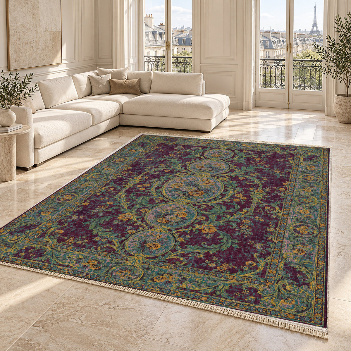 Garden Cascade Burgundy & Teal washable rug angled room view on marble