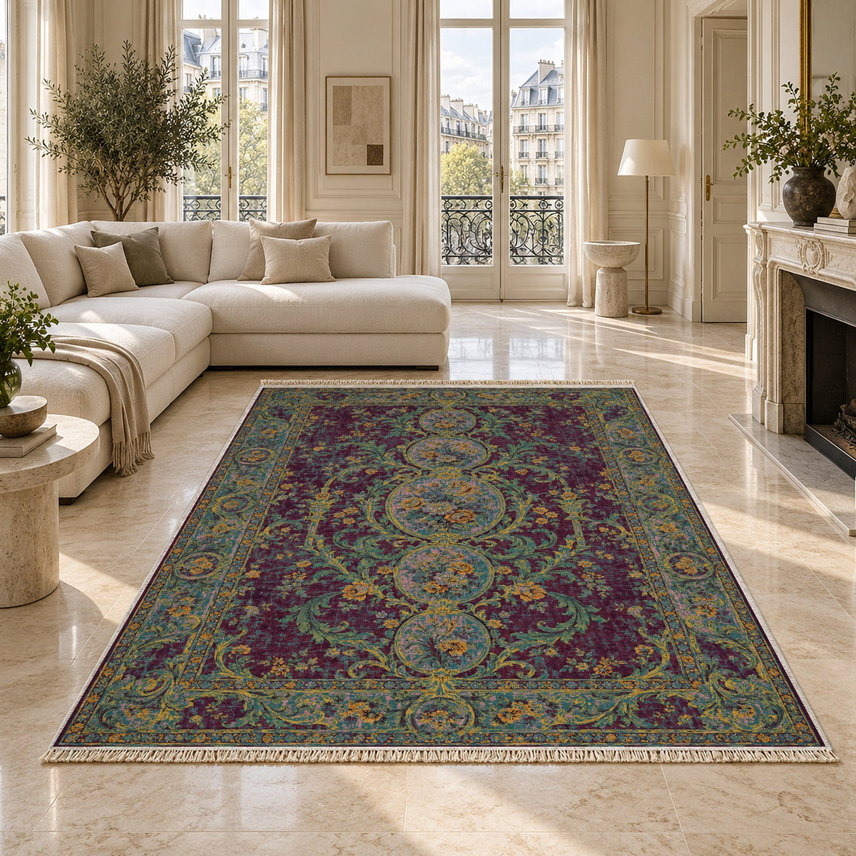 Garden Cascade Burgundy & Teal washable rug on a marble floor