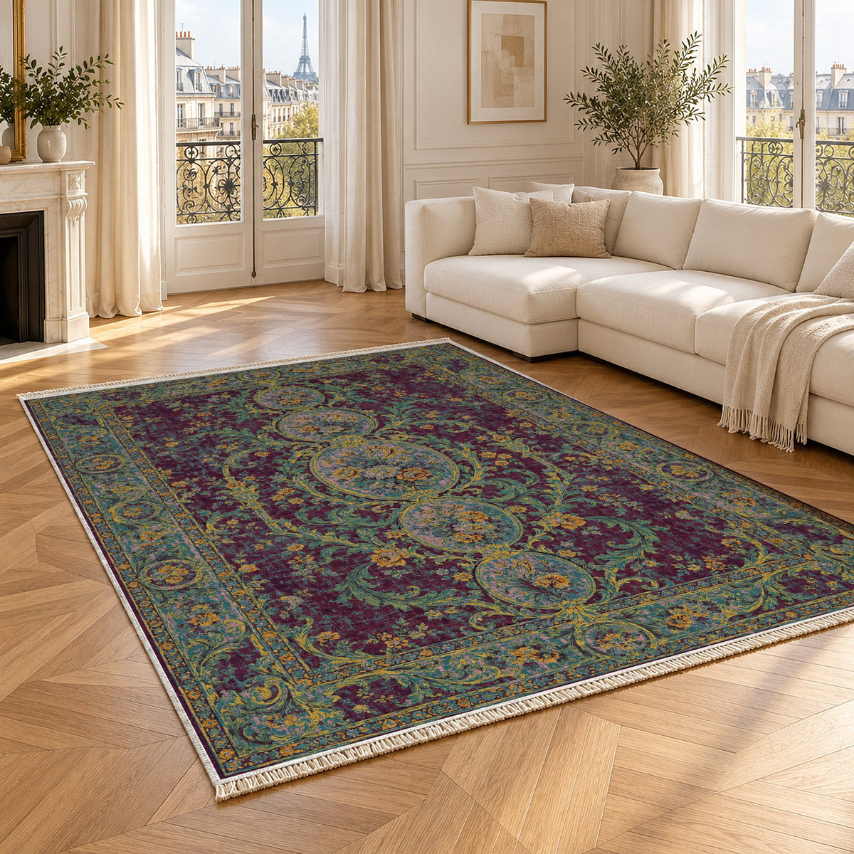Garden Cascade Burgundy & Teal washable rug angled room view