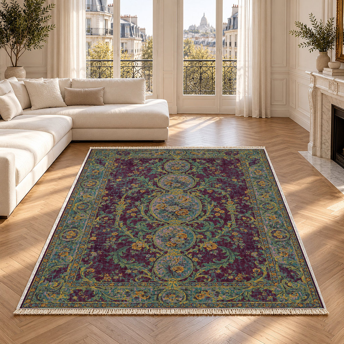 Garden Cascade Burgundy & Teal washable rug in a Paris living room