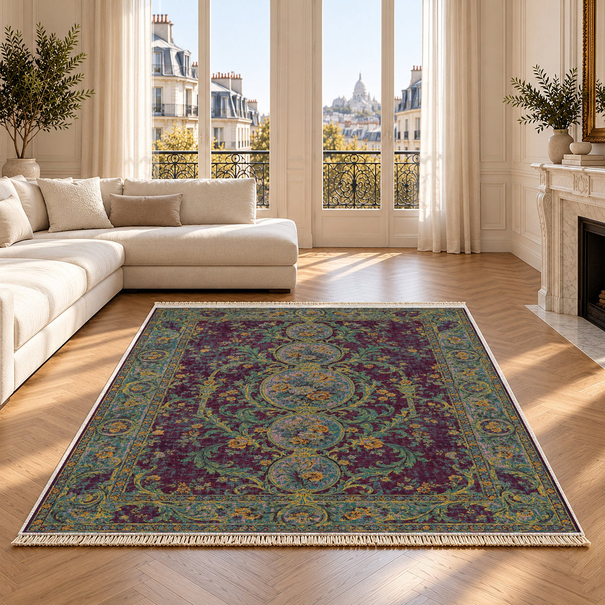 Garden Cascade Burgundy & Teal washable rug on an oak floor