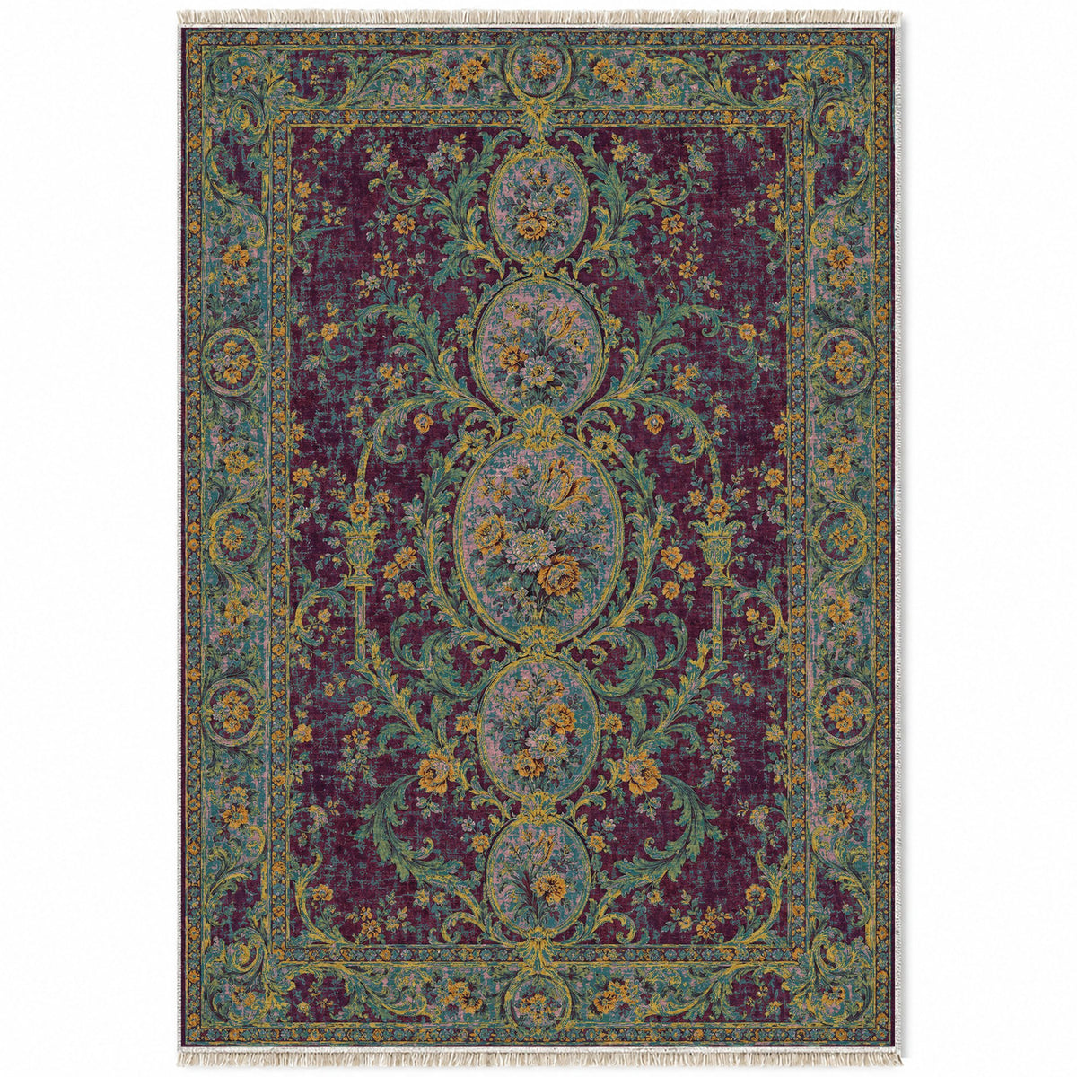 Garden Cascade Burgundy & Teal washable rug top view