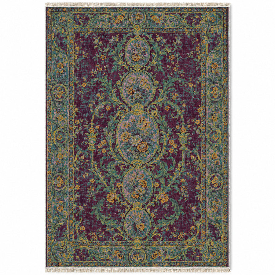 Garden Cascade Burgundy & Teal Baroque Washable Rug