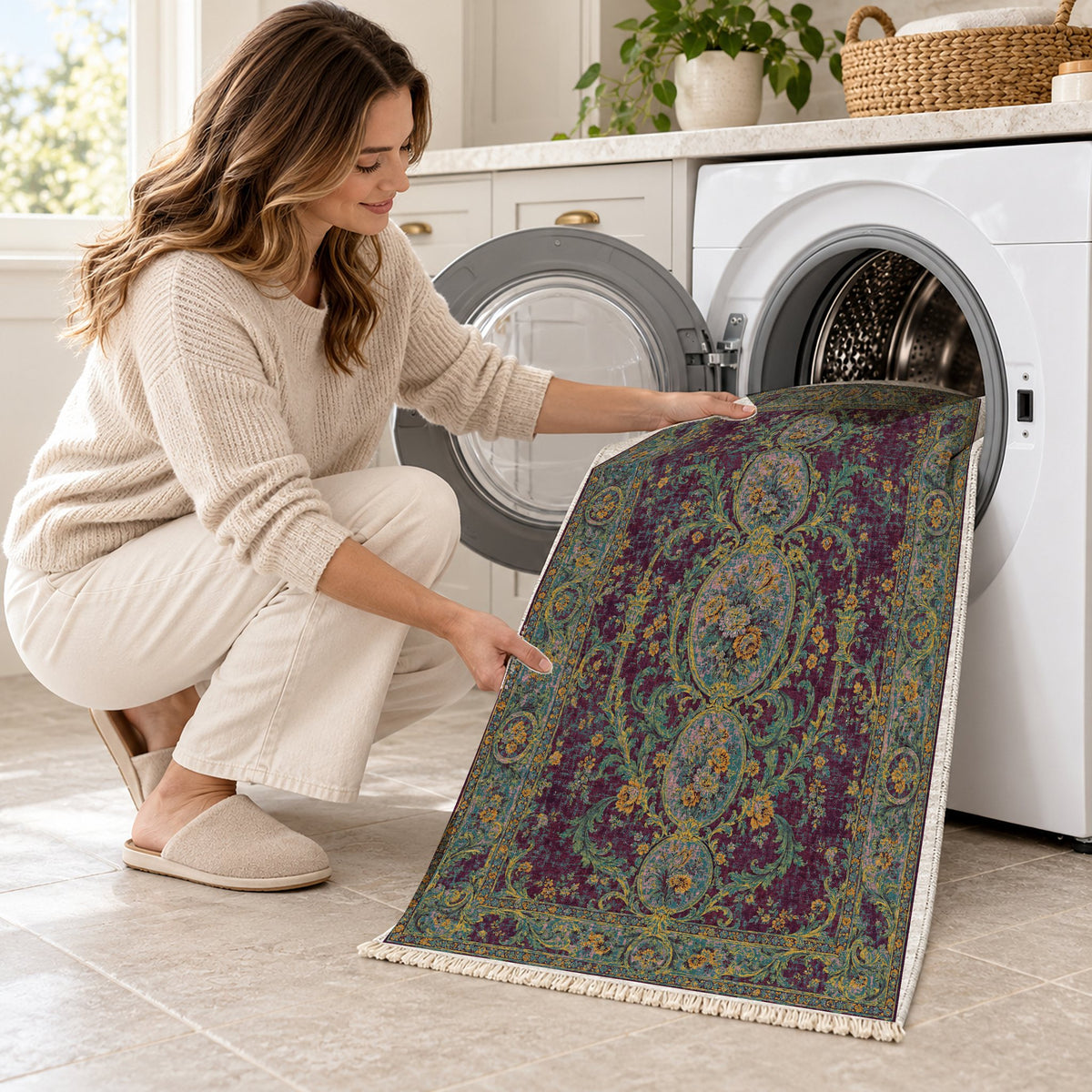 Garden Cascade Burgundy & Teal washable rug being loaded into a washing machine