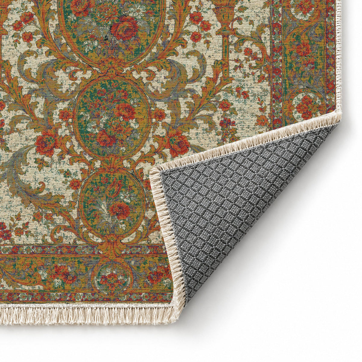 Garden Cascade Emerald & Terracotta washable rug folded corner showing the backing