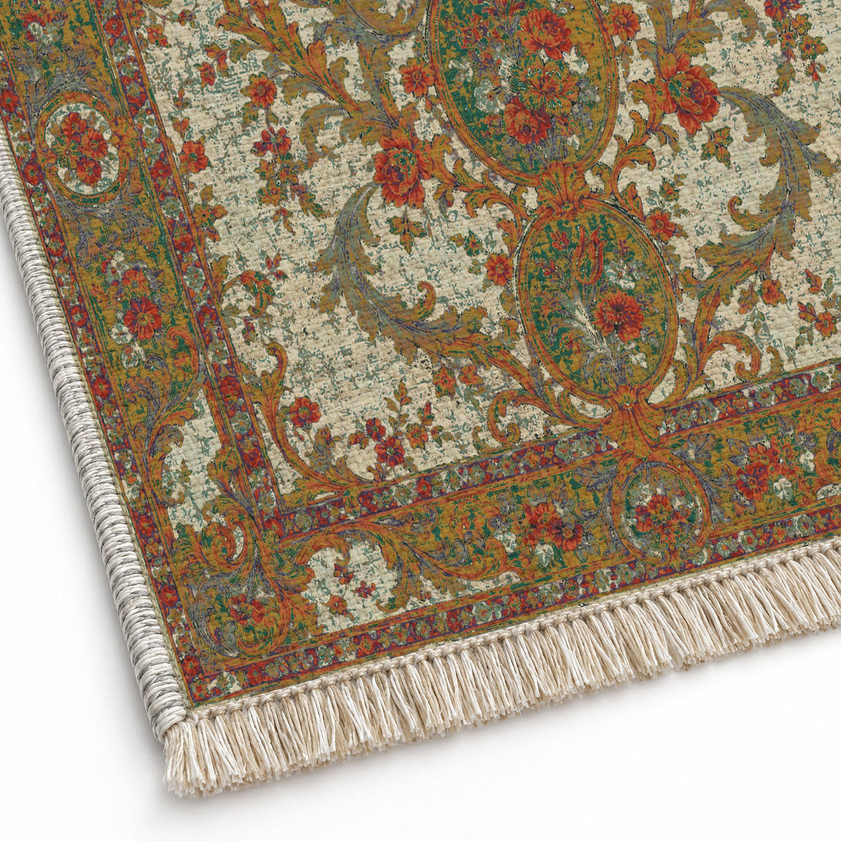 Garden Cascade Emerald & Terracotta washable rug close-up of the printed chenille