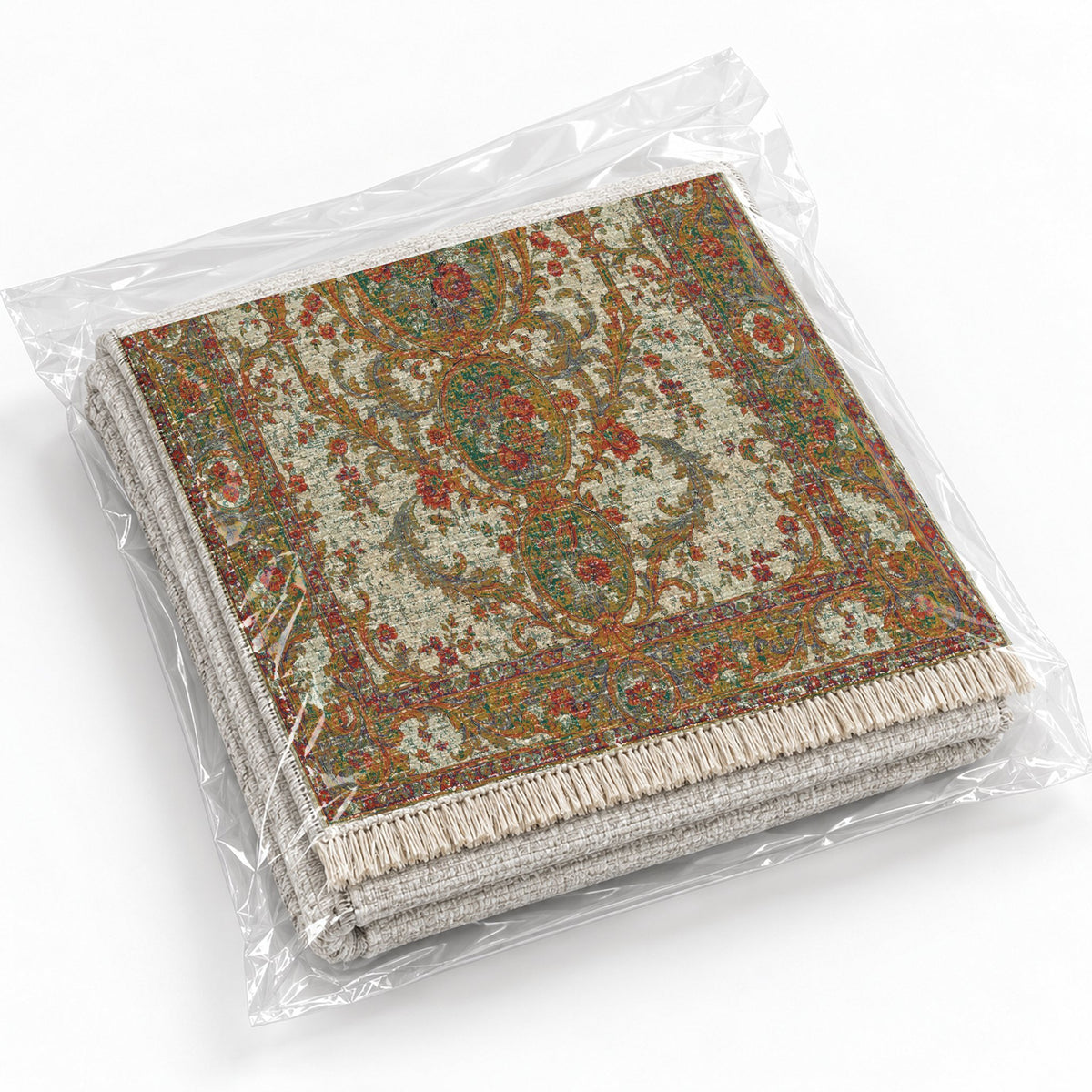 Garden Cascade Emerald & Terracotta washable rug rolled and packaged
