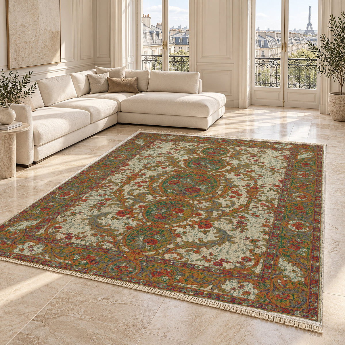 Garden Cascade Emerald & Terracotta washable rug angled room view on marble