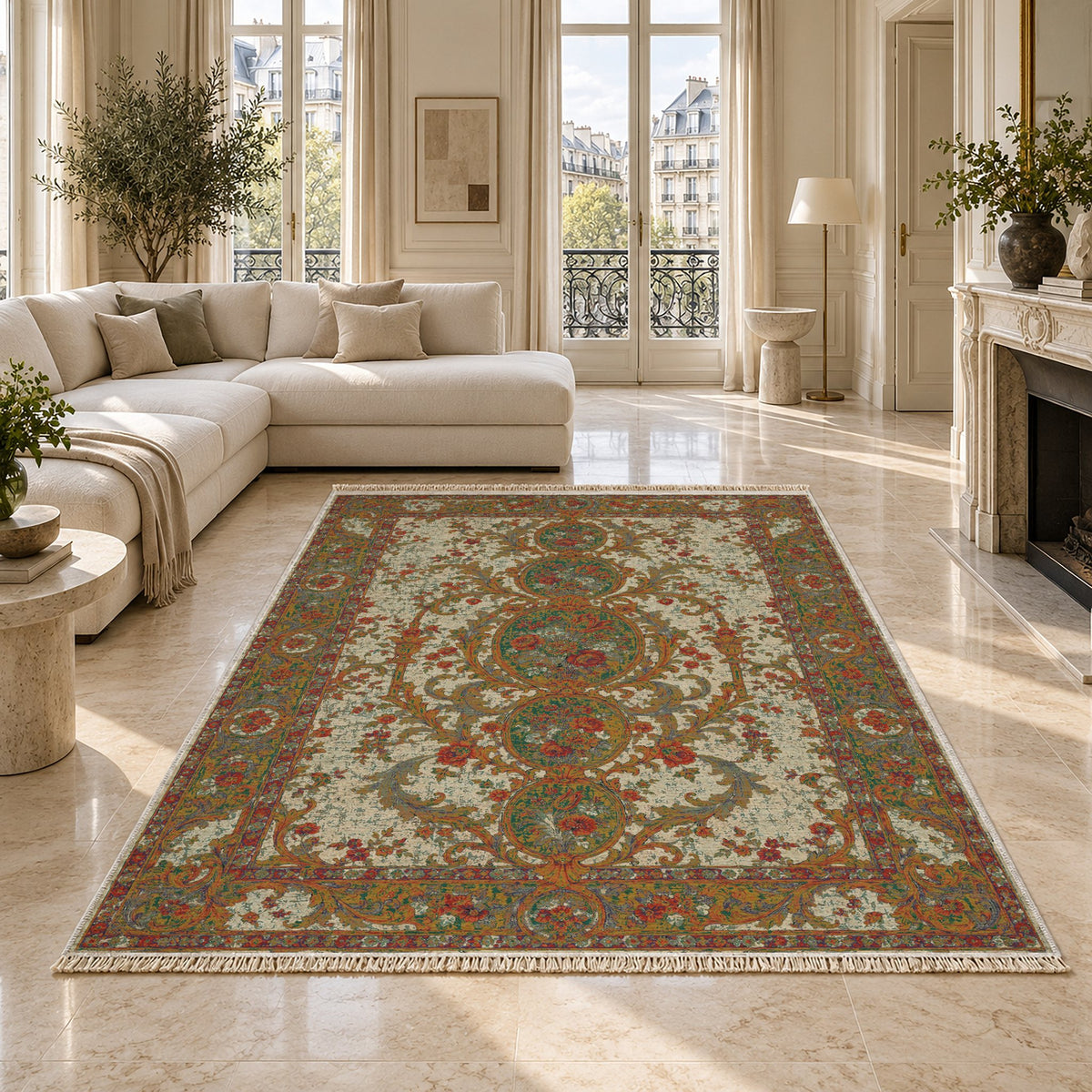 Garden Cascade Emerald & Terracotta washable rug on a marble floor