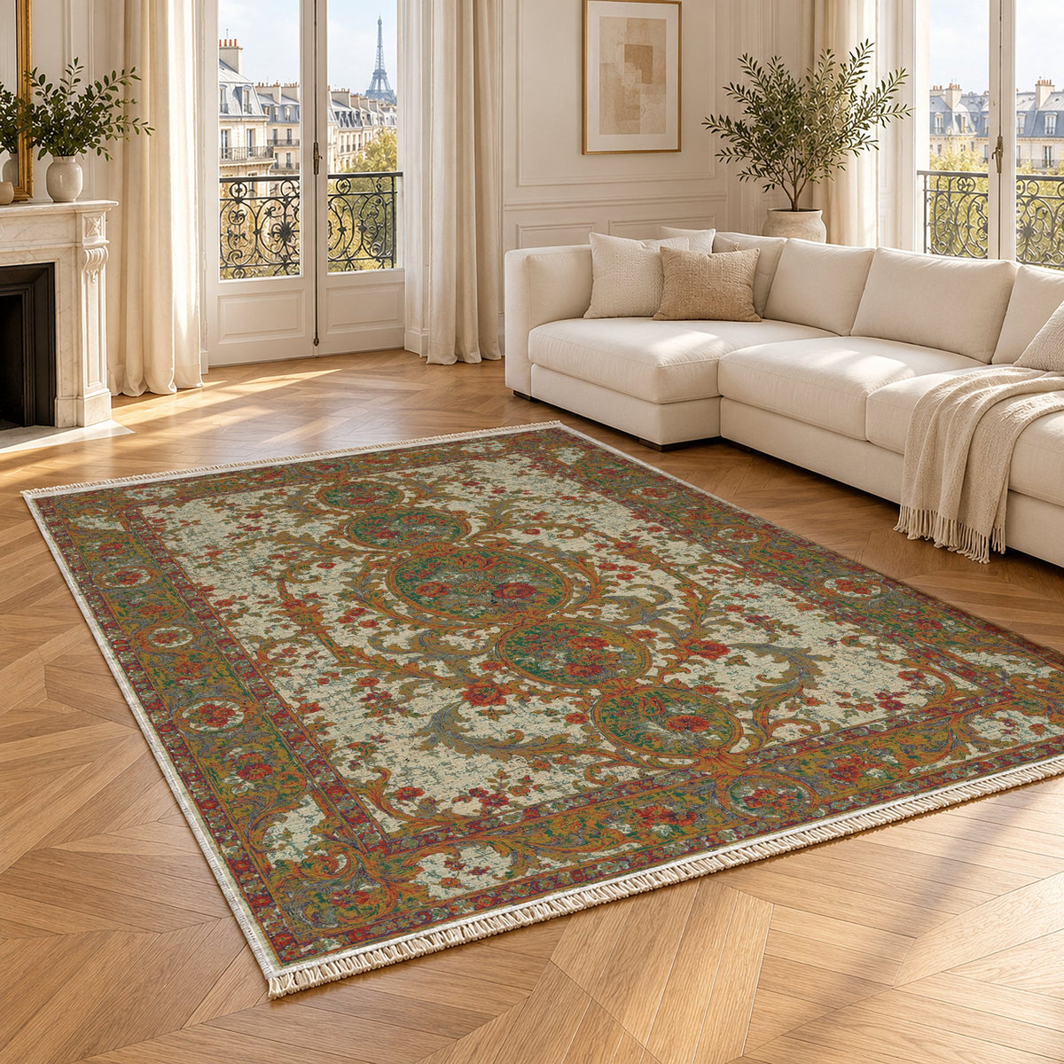 Garden Cascade Emerald & Terracotta washable rug angled room view