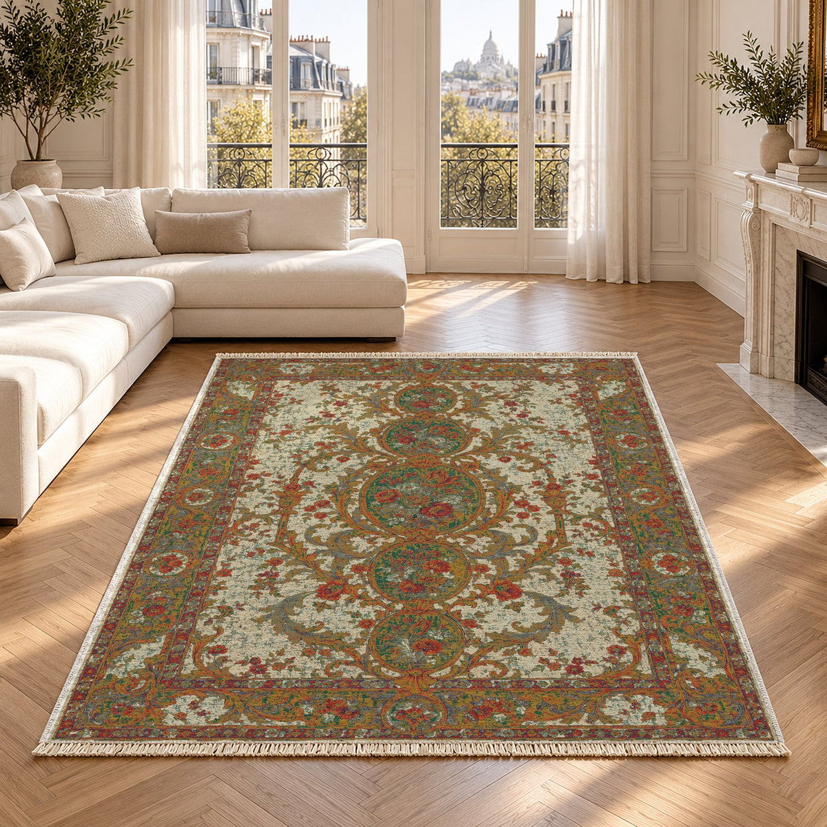 Garden Cascade Emerald & Terracotta washable rug in a Paris living room