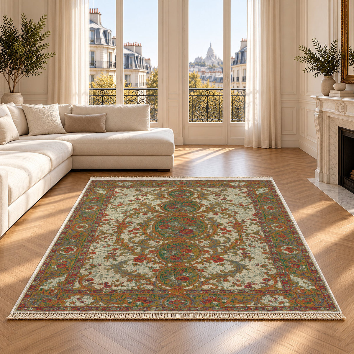 Garden Cascade Emerald & Terracotta washable rug on an oak floor