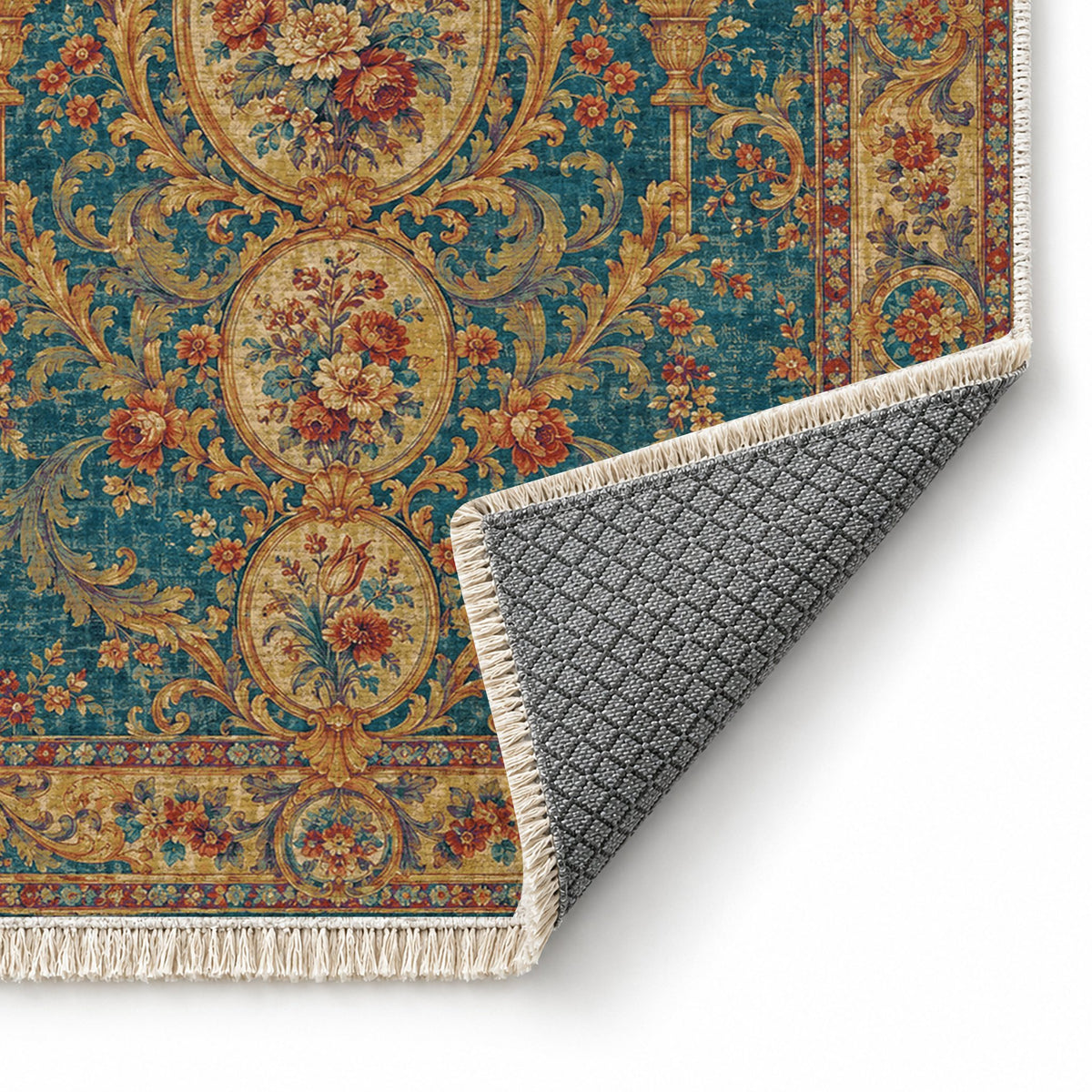 Garden Cascade Peacock & Ochre washable rug folded corner showing the backing