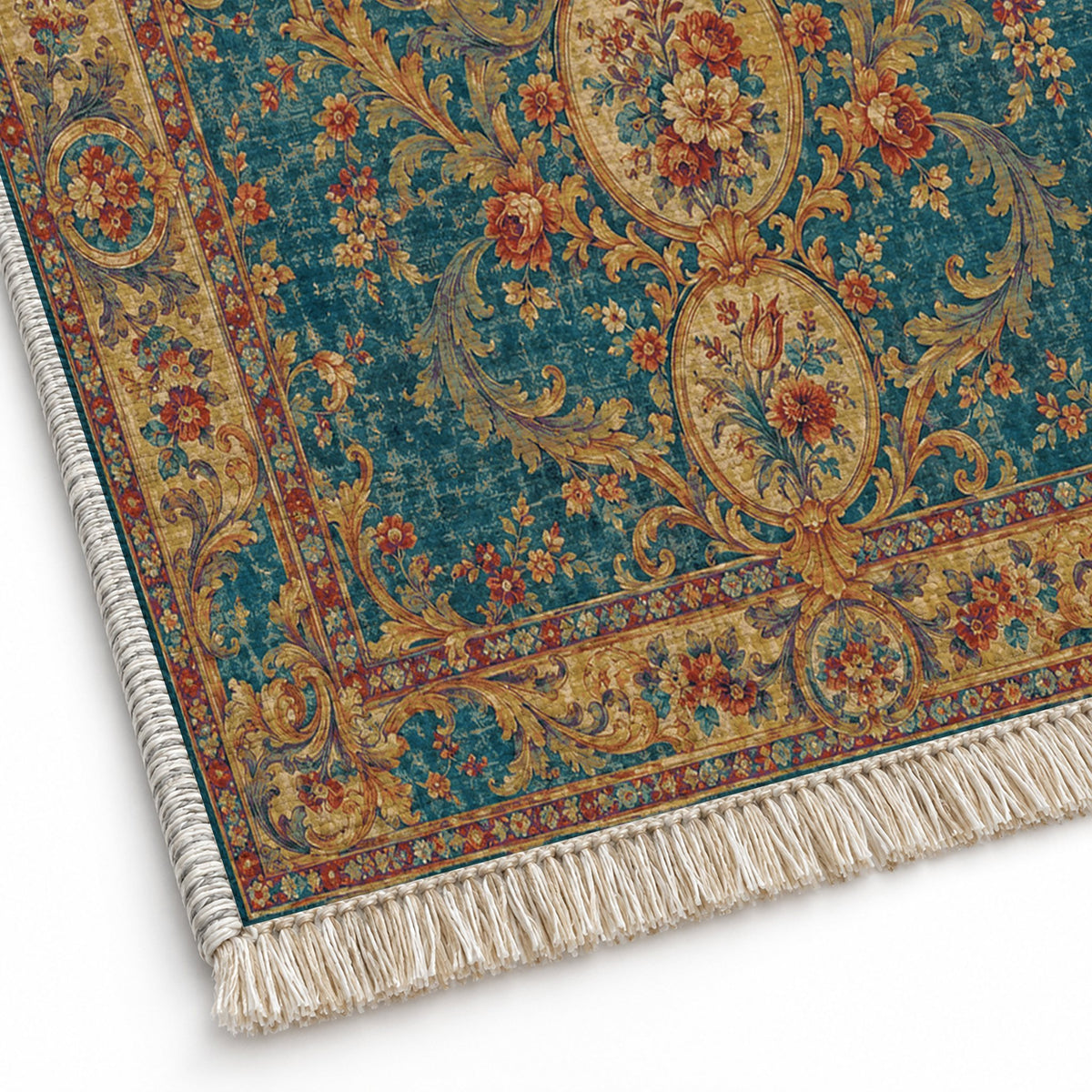 Garden Cascade Peacock & Ochre washable rug close-up of the printed chenille