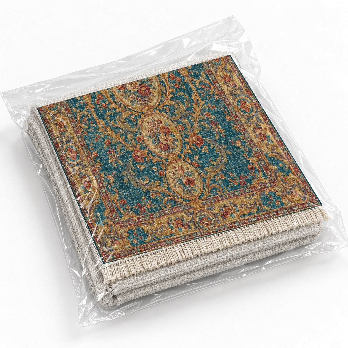 Garden Cascade Peacock & Ochre washable rug rolled and packaged